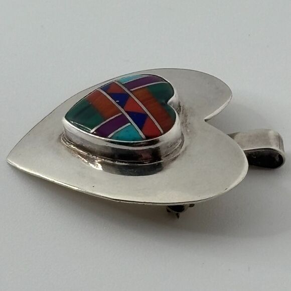 Native American Multi-Stone Inlay Sterling Silver Heart Pendant/Pin Vidal Chavez - Picture 4 of 9